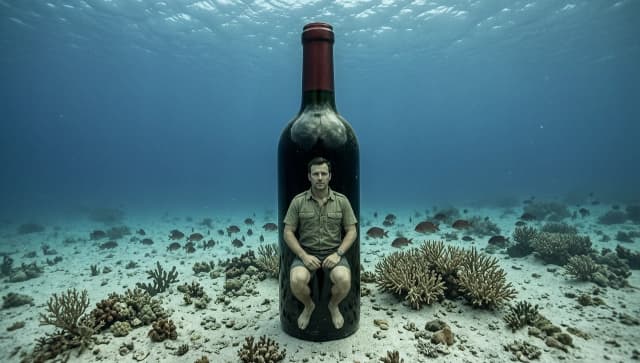 man inside a wine bottle on the sea bottom