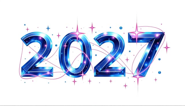 Крупные, чёткие объёмные цифры «2027» на изолированном чистом белом фоне. Каждая цифра «2», «0», «2», «7» написано идеально правильно и разборчиво. Современный праздничный стиль: цифры выполнены из гладкого, прозрачного глянцевого стекла со светящимся неоново-голубым и серебристым внутренним свечением. У цифр тонкие, изящные светящиеся контуры. В местах пересечения линий и на углах цифр ярко вспыхивают сверкающие четырехконечные звезды и искры света. Минималистический графический дизайн, трёхмерный 3д-объём, кристальная чистота, шедевр, 8к