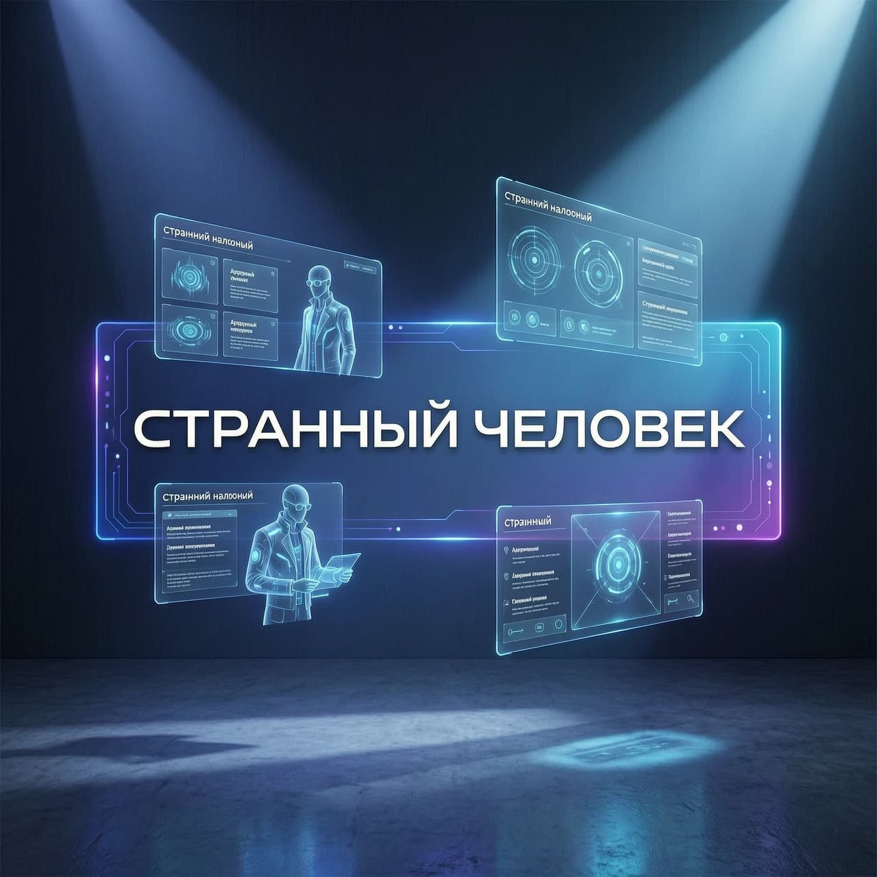 Футуристическая высокотехнологичная концептуальная визуализация для слайда презентации на тему «Странный человек», элегантная современная эстетика будущего. Изысканная композиция с парящими полупрозрачными голографическими интерфейсами, В цветовой палитре преобладают темно-синие, ярко-голубые и кобальтово-синие градиенты с едва заметными неоновыми акцентами. Кинематографическое освещение с мягким объемным свечением и резкими лучами света, пронзающими темное минималистичное цифровое пространство.