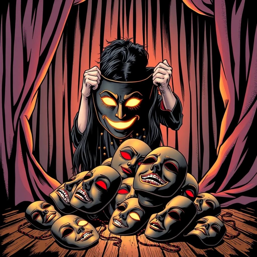A person tears off a theatrical mask, revealing their own glowing face underneath. Behind them, a stack of discarded masks lies on the floor. The stage curtains are being torn open. Style: theatrical comic art, black, gold, red accents, dramatic reveal, liberation.