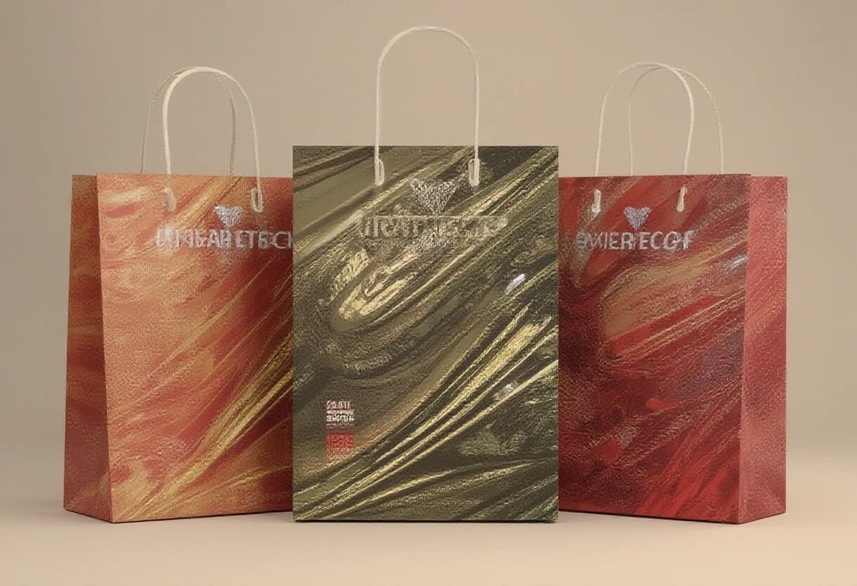 Photorealistic studio shot of three tall paper shopping bags with white rope handles on a clean light neutral background. 

Left bag in Muted Clay palette (soft terracotta, warm clay, dusty earth tones). Center bag in Burnt Olive (deep olive green, golden-olive). Right bag in Red Mahogany (rich dark red-brown, burgundy mahogany).

All bags feature the same expressive flowing composition of thick oil paint strokes mixed with liquid gold and liquid silver. The metallic strokes are glossy, reflective, with bright specular highlights, soft reflections and realistic metal reflexes, beautifully blended with the painterly oil texture.

Sharp red logos: square "ЭКСПО ЮВЕЛИР" with diamond, large "ЮВЕЛИРТЕХ". Precise text: МЕЖДУНАРОДНАЯ ВЫСТАВКА ЮВЕЛИРНОЙ ИНДУСТРИИ, ВДНХ, павильон 55/57, 23-27 СЕНТЯБРЯ 2026, МОСКВА. Luxury artistic jewelry exhibition packaging, high detail, professional lighting.