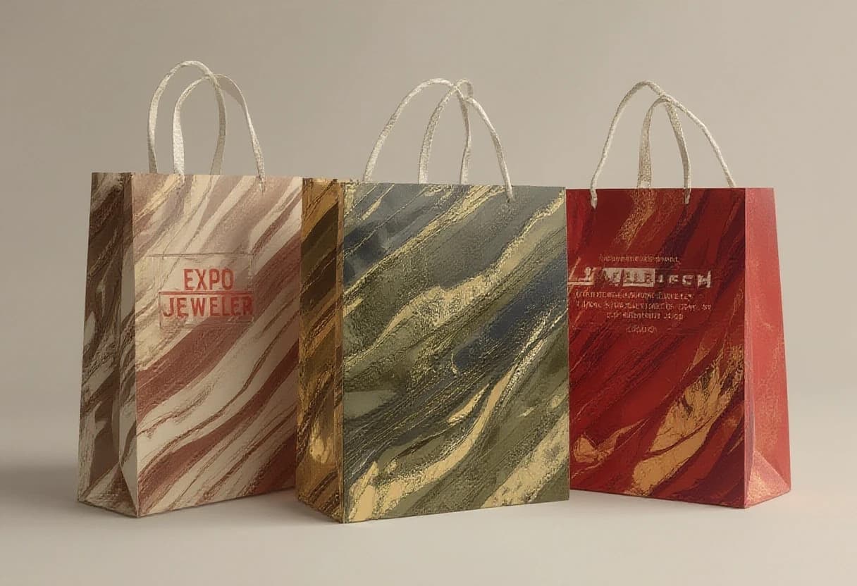 Photorealistic studio shot of three tall paper shopping bags with white rope handles on a clean light neutral background. 

Left bag in Muted Clay palette (soft terracotta, warm clay, dusty earth tones). Center bag in Burnt Olive (deep olive green, golden-olive). Right bag in Red Mahogany (rich dark red-brown, burgundy mahogany).

All bags feature the same expressive flowing composition of thick oil paint strokes mixed with liquid gold and liquid silver. The metallic strokes are glossy, reflective, with bright specular highlights, soft reflections and realistic metal reflexes, beautifully blended with the painterly oil texture.

Sharp red logos: square "ЭКСПО ЮВЕЛИР" with diamond, large "ЮВЕЛИРТЕХ". Precise text: МЕЖДУНАРОДНАЯ ВЫСТАВКА ЮВЕЛИРНОЙ ИНДУСТРИИ, ВДНХ, павильон 55/57, 23-27 СЕНТЯБРЯ 2026, МОСКВА. Luxury artistic jewelry exhibition packaging, high detail, professional lighting.