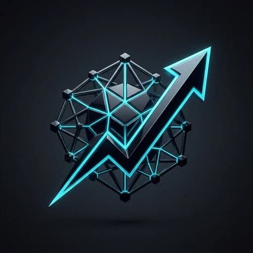 Prompt: Professional fintech logo icon for "M15". Abstract representation of a neural network node merging with a sleek upward trend vector. No grids, no candles. Concept: "The Core Intelligence". Materials: Polished obsidian and neon cyan accents. Sharp edges, 3D isometric perspective, studio lighting, premium software aesthetic, apple-style minimalism. --no text typography