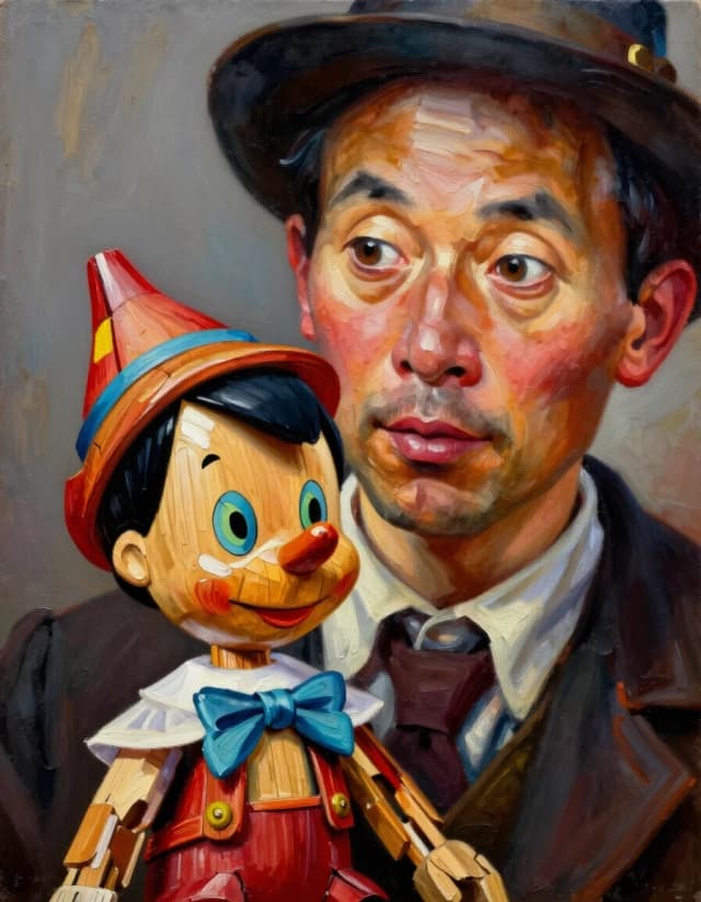 A masterpiece. Style:oil painting. (Image. A traveling puppeteer, with clear facial features and expressive eyes, with a wooden Pinocchio puppet.):1.8. Intense close-up. High quality. High resolution. Increased attention to the fine details and texture of the wooden Pinocchio. The artist is Russ Mills.