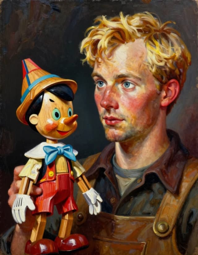 A masterpiece. Style:oil painting. (Image. A handsome traveling puppeteer, blond, clear features and expressive eyes, with a wooden Pinocchio puppet.):1.8. High quality. High resolution. Increased attention to the fine details and texture of the wooden Pinocchio. The artist is Russ Mills.