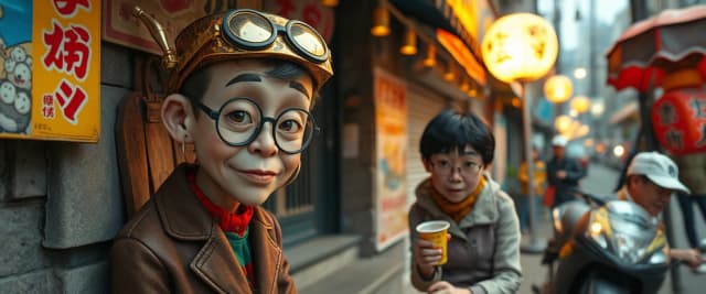 Hippiepunk, highly detailed, small Hong Konger Xu, Xu is very Aging, Camping, slapstick comedy and exaggerated animation, epic and allegorical compositions, high fashion, stylized by Krenz Cushart, tiny, great light, romantic, professional creative, highly detailed, ambient atmosphere, located artistic, striking, fantastic aesthetic