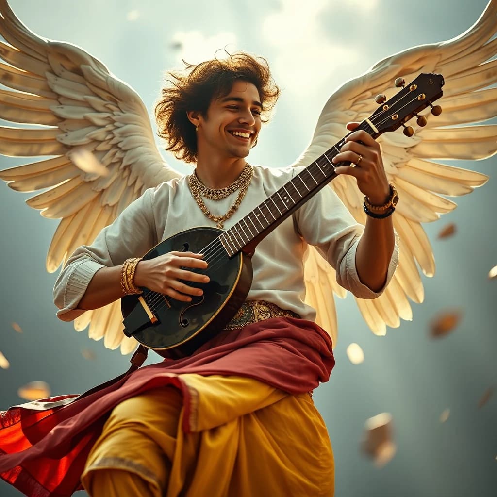 hip level shot of a Male Archangel, the Man is Smiling, Playing a musical instrument, the Archangel is wearing a [Shrug|Jodhpurs], It is Baroque, Ultra Real, 80mm, creative, located artistic, great light, dynamic dramatic beautiful full taking, magical atmosphere, dynamic dramatic composition