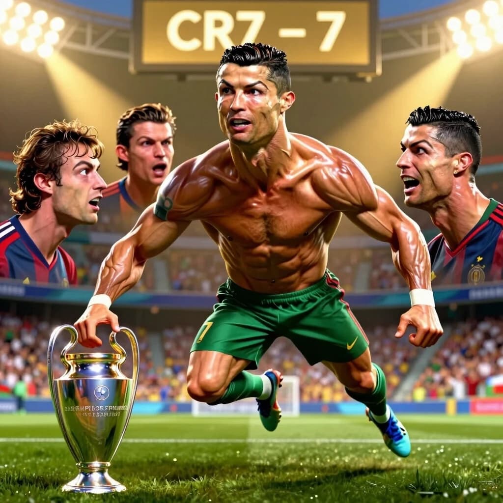 Hyper-exaggerated, grotesque caricature of Cristiano Ronaldo, instantly recognizable by his chiseled jawline, slicked-back hair, and trademark "SIUUU" celebration pose frozen mid-air. His muscles are grotesquely overdeveloped — each bicep has its own distinct face with a smug expression, arguing with his triceps about who is more famous. His head is disproportionately small compared to his massive torso, and his calves are shaped like the Champions League trophy. He is staring into an infinity mirror that reflects his past hairstyles (from his 2004 flop to his current slick-back), all arguing with each other. The background is a golden spotlight in a massive stadium, with a giant scoreboard reading "CR7 – 7". Loud, arrogant, hyper-detailed, grotesque, 2:3 vertical. No text.