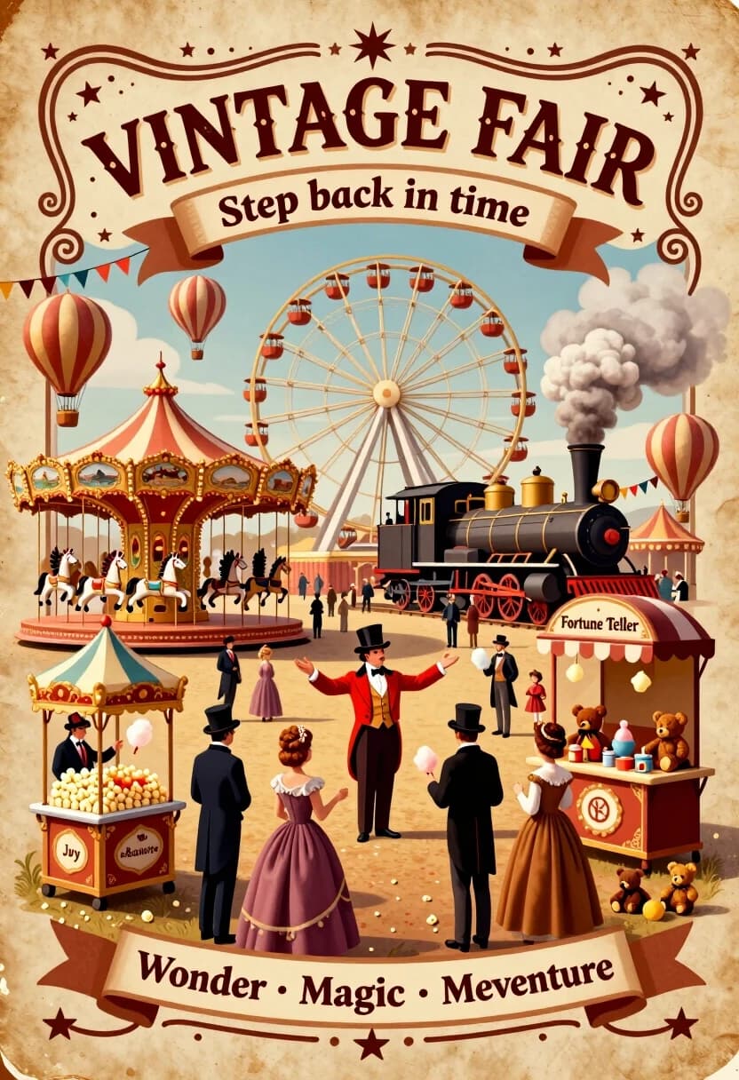 Создай фотореалистичную 3D‑иллюстрацию в стиле винтажной афиши «Vintage Fair» с эффектом состаренной бумаги и тонкой зернистой текстурой. В центре — масштабная сцена оживлённой ярмарки эпохи конца XIX — начала XX века: огромное колесо обозрения с детально проработанными спицами и кабинками, рядом — паровой локомотив с клубами густого белого дыма, слева — богато украшенная карусель с резными лошадками. В небе — воздушные шары с полосатыми куполами, между конструкциями натянуты гирлянды из треугольных флажков.

На переднем плане — торговые тележки с попкорном и сахарной ватой, стенд гадалки «Fortune Teller» с витиеватой резьбой, прилавок с плюшевыми медведями и игрушками. Толпа нарядно одетых посетителей: мужчины в цилиндрах и фраках, женщины в пышных платьях, дети в аккуратных костюмах. В центре — импресарио в красном фраке и цилиндре, приветливо раскинувший руки.

По периметру — массивная декоративная рамка с завитками, звёздами и лентами; в верхней части — крупная надпись «VINTAGE FAIR» в ретро‑шрифте, под ней лента с фразой «Step back in time». Внизу — две ленты с надписями «Wonder • Magic • Memories» и «Joy • Laughter • Adventure».

Палитра — тёплая, с преобладанием терракотовых, золотистых, бордовых и кремовых тонов, дополненных акцентами алого и тёмно‑синего. Освещение — мягкое, дневное, с тёплыми солнечными бликами и лёгкими тенями, подчёркивающими объём. Уровень детализации — максимальный: проработай каждую пуговицу, складку ткани, резьбу на дереве, текстуру плюша, отдельные зёрна попкорна, пар и дым. Стиль — кинематографичный винтаж с эффектом классической литографии