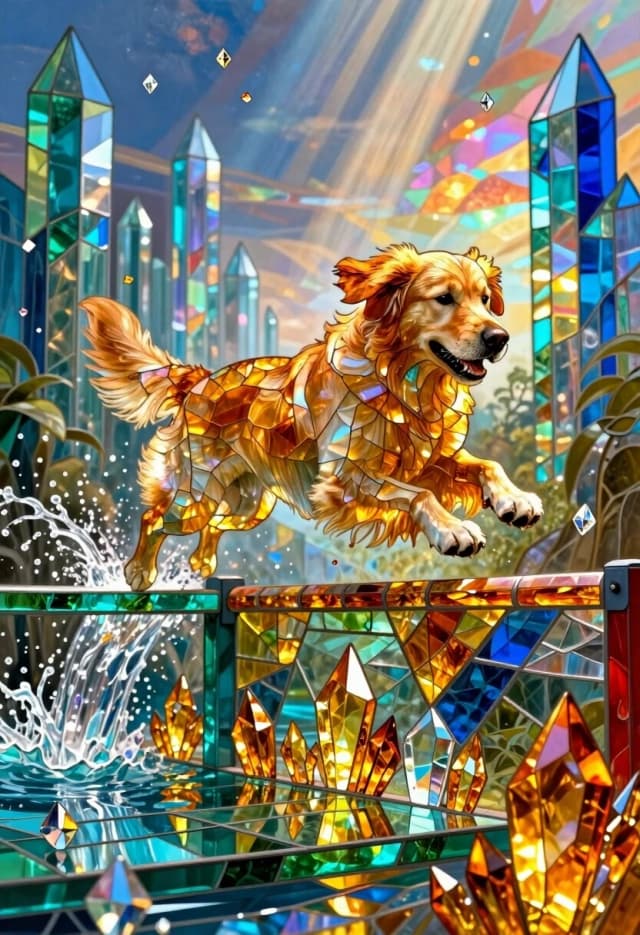 A mesmerizing surreal mosaic mural in the style of a radiant stained glass masterpiece, capturing a dramatic moment of a dog obstacle course. A fluffy Golden Retriever is depicted in a powerful, soaring leap over a wall of iridescent crystal fire. The dog's fur is meticulously crafted from thousands of tiny, glowing amber and honey-colored glass fragments that catch and refract light, creating a volumetric feel of warmth and softness within the rigid glass medium.

The obstacle course is a surreal architectural marvel of floating turquoise and emerald glass platforms, connected by swirling patterns of iridescent silver shards. In the background, towering pillars of translucent sapphire glass rise toward a shimmering, opal-colored sky, with volumetric beams of soft light filtering through the crystalline structures.

The lighting is a harmonious blend of warm golden hues from the dog and cool, ethereal tones from the environment. Every element—from the splashing crystalline water in a jump-pool to the floating confetti of diamond shards—is rendered with hyper-realistic glass textures. The image captures the spirit of determination and joy, blending the fragility of glass with the raw power of an athletic leap.

Keywords: radiant stained glass, iridescent amber crystals, dog obstacle course, soaring leap, translucent sapphire pillars, prismatic refraction, volumetric soft light, surreal athletic art.
