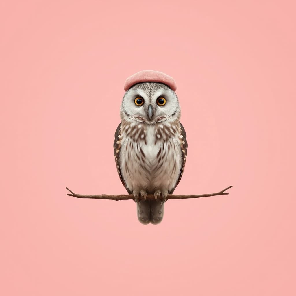 Draw a symmetrical frontal frame in the style of Wes Anderson for the A6 format. In the center is a full—length owl (it sits on a thin branch, the branch does not distract attention), on its head is a neat dusty pink beret. The background is a smooth, dusty pink, without gradients or patterns. Palette: pink, gray, white, beige. The lighting is smooth, soft, and without harsh shadows. High detail: the feathers are detailed, the proportions of the owl are anatomically correct. No labels. 8K, stylized to match a movie frame.