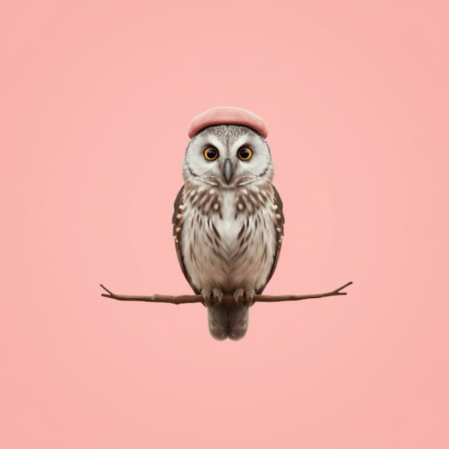 Draw a symmetrical frontal frame in the style of Wes Anderson for the A6 format. In the center is a full—length owl (it sits on a thin branch, the branch does not distract attention), on its head is a neat dusty pink beret. The background is a smooth, dusty pink, without gradients or patterns. Palette: pink, gray, white, beige. The lighting is smooth, soft, and without harsh shadows. High detail: the feathers are detailed, the proportions of the owl are anatomically correct. No labels. 8K, stylized to match a movie frame.