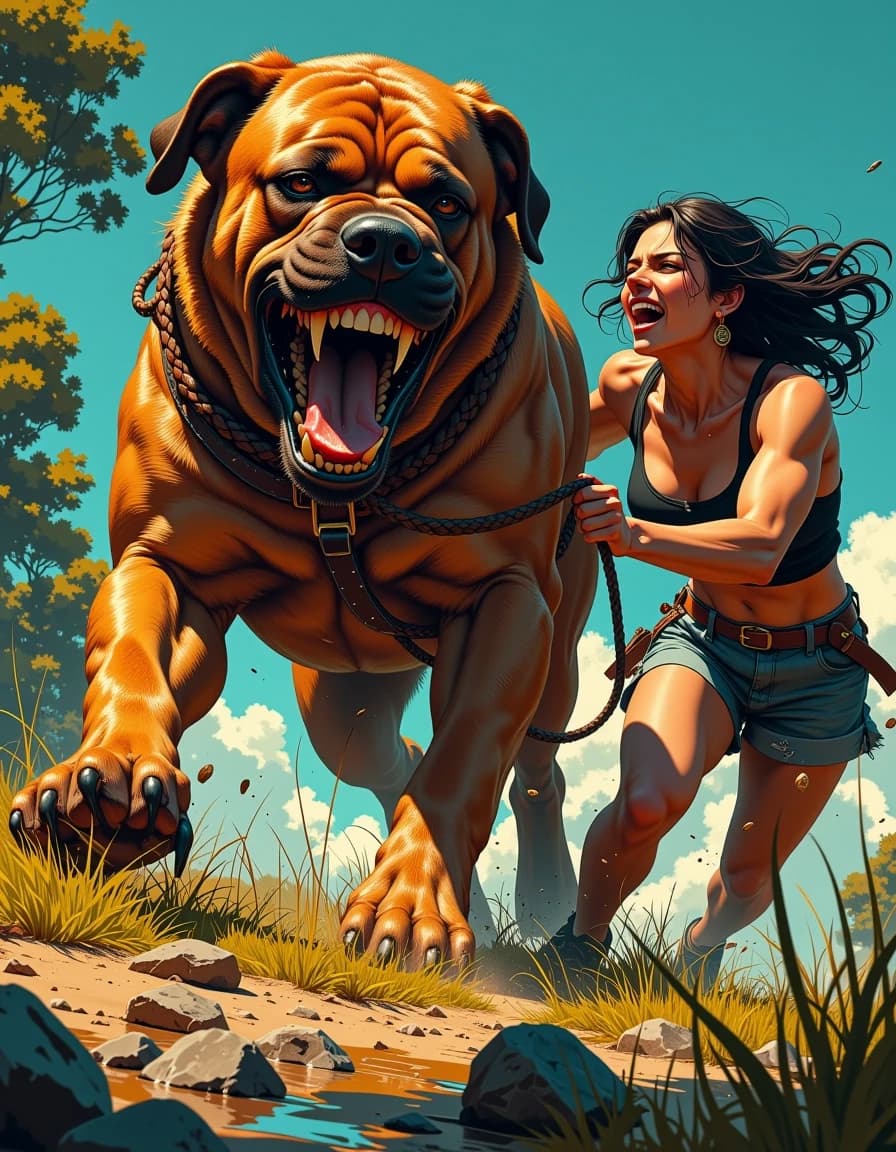 A masterpiece,  in the style of the 1980s, with bold lines, dynamic strokes and rich textures, on background with a touch of nostalgia, perhaps with subtle drawings inspired by cellulose and vintage, worn textures similar to paper, oil painting, Low-angle, hyper-real cinematic action shot of a tense moment: a powerful, muscular woman straining to restrain a giant snarling dog on a taut leather leash as the dog lunges forward, mouth wide, teeth bared, saliva and spit suspended in midair, dirt and grass flying from the paws. Late-afternoon golden-hour rim light creates warm highlights on skin and fur, deep directional shadows for dramatic contrast. Shallow depth of field with sharp focus on the dog's snarling face and the woman's determined expression; slight motion blur on the legs and background trees to convey speed. Rich, saturated colors, high detail on textures—wet fur, leather collar, braided leash, sweat, dirt, and individual grass blades. Low-angle wide lens perspective, strong diagonal composition, dynamic tension, cinematic color grading with teal shadows and warm highlights, subtle film grain, high shutter speed feel, 35mm cinematic framing, 3:2 aspect, intense, dramatic, visceral energy. celshading, simple background
