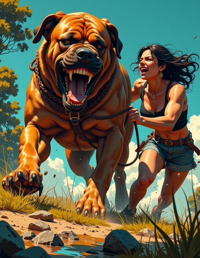 A masterpiece,  in the style of the 1980s, with bold lines, dynamic strokes and rich textures, on background with a touch of nostalgia, perhaps with subtle drawings inspired by cellulose and vintage, worn textures similar to paper, oil painting, Low-angle, hyper-real cinematic action shot of a tense moment: a powerful, muscular woman straining to restrain a giant snarling dog on a taut leather leash as the dog lunges forward, mouth wide, teeth bared, saliva and spit suspended in midair, dirt and grass flying from the paws. Late-afternoon golden-hour rim light creates warm highlights on skin and fur, deep directional shadows for dramatic contrast. Shallow depth of field with sharp focus on the dog's snarling face and the woman's determined expression; slight motion blur on the legs and background trees to convey speed. Rich, saturated colors, high detail on textures—wet fur, leather collar, braided leash, sweat, dirt, and individual grass blades. Low-angle wide lens perspective, strong diagonal composition, dynamic tension, cinematic color grading with teal shadows and warm highlights, subtle film grain, high shutter speed feel, 35mm cinematic framing, 3:2 aspect, intense, dramatic, visceral energy. celshading, simple background
