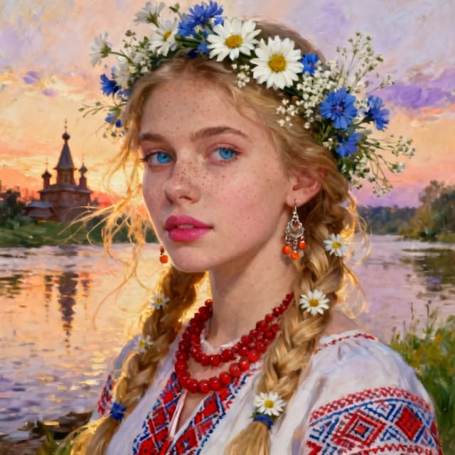 Close-up three-quarter portrait of a young woman with soft, luminous skin and natural freckles, head slightly turned toward the viewer, dreamy blue eyes, full rosy lips, long braided blonde hair woven with daisies and blue cornflowers and delicate baby’s breath, floral crown of white and blue wildflowers, loose wisps and flyaways catching golden rim light. She wears a traditional embroidered blouse with intricate red and blue geometric stitching, layered red bead necklaces, and ornate dangling earrings with tiny coral beads. Background: tranquil riverside at sunset with warm pastel sky, reflective water, distant wooden church domes silhouetted, impressionistic brushstrokes. Mood serene, nostalgic, romantic. Style: hyper-detailed painterly realism blending oil painting texture and soft photographic clarity, visible canvas texture, warm golden-hour lighting, rich color palette of peach, lavender, gold and verdant greens, delicate skin pores and lashes, fine hair detail, soft bokeh, cinematic composition, high resolution, ornate textile and flower detail.