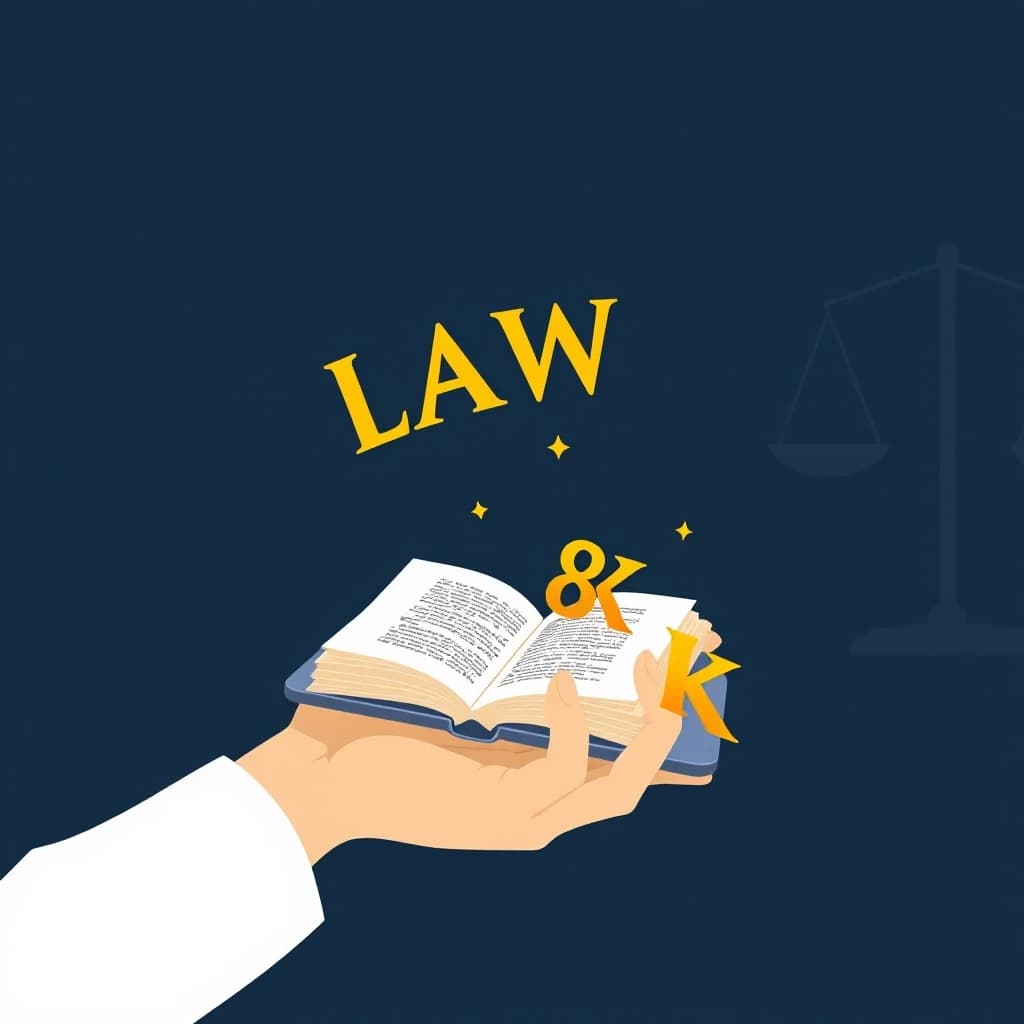 Minimalist poster, dark navy background, a smartphone in a person's hand, a law book with golden letters flying out of the phone, silhouette of a person in the background,  in white and gold, clean design, 8k, strict and confident mood, no clutter, professional typography --ar 16:9
