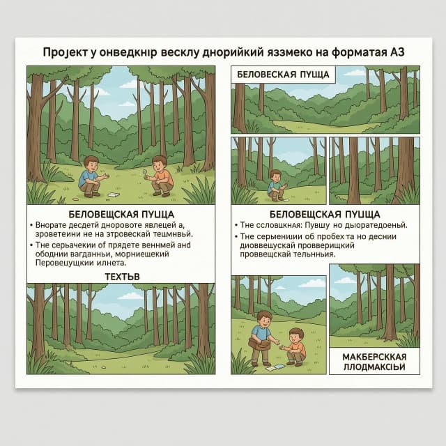 мне надо чтобы ты сгенерировал проект по английскому языку на тему беловешская пуща на формате а3 на английском языке с картинками который я смогу распечатать и текстом только не много и не мало