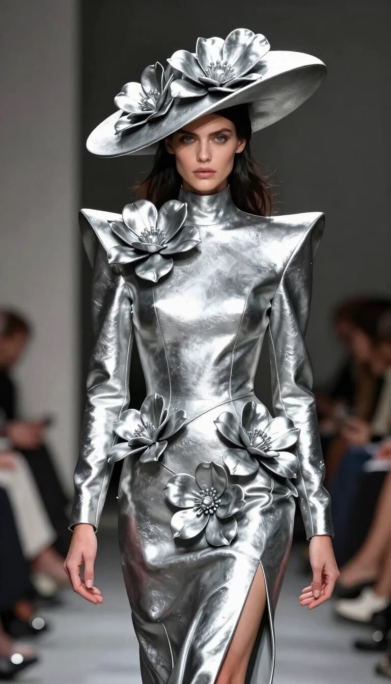 Create a photograph, top quality, SHINY SILVER DETAILED FLOWERS, ultra detailed, beautiful facial structure, haunting grey eyes, dark lush hair, REVEALING SLIT IN DRESS, (Dynamic full-body single shot, wearing a high-neck fully covered couture dress and matching sculptural hat architectural dimensional dress long sleeves and modest silhouette concealing chest and neckline, rectilinear wide-angle lens avoiding vignette artifacts, full color, professional photograph, 85mm lens, f/1.4 aperture, 1/250 shutter speed, 640 ISO)) perfect hands, (medium shot), sharp focus, shallow depth of field, foreshortening, ultra quality