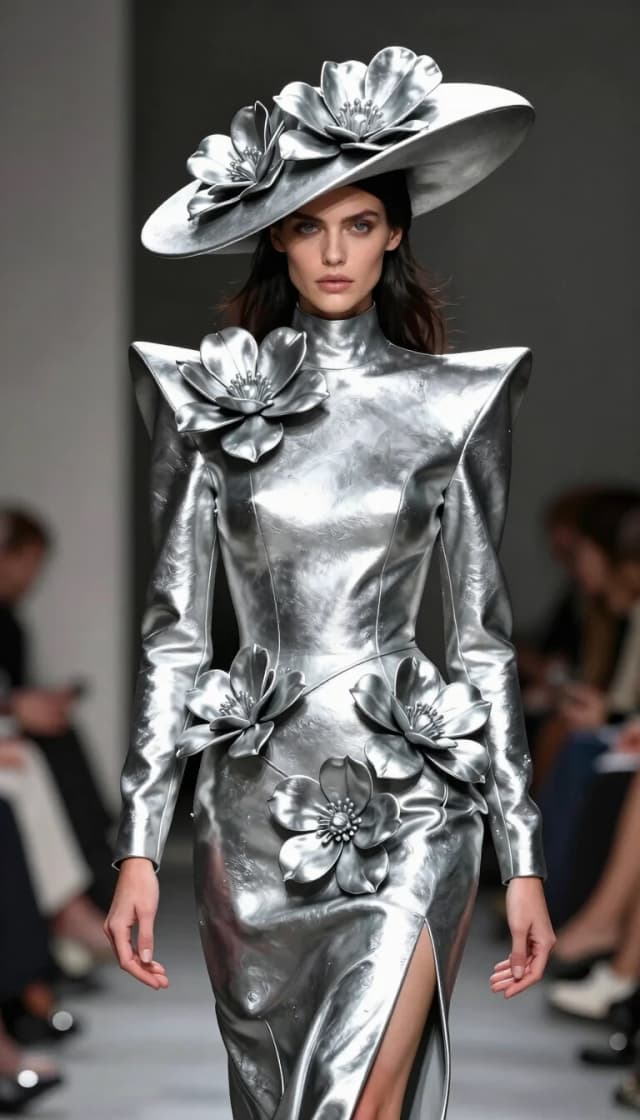 Create a photograph, top quality, SHINY SILVER DETAILED FLOWERS, ultra detailed, beautiful facial structure, haunting grey eyes, dark lush hair, REVEALING SLIT IN DRESS, (Dynamic full-body single shot, wearing a high-neck fully covered couture dress and matching sculptural hat architectural dimensional dress long sleeves and modest silhouette concealing chest and neckline, rectilinear wide-angle lens avoiding vignette artifacts, full color, professional photograph, 85mm lens, f/1.4 aperture, 1/250 shutter speed, 640 ISO)) perfect hands, (medium shot), sharp focus, shallow depth of field, foreshortening, ultra quality