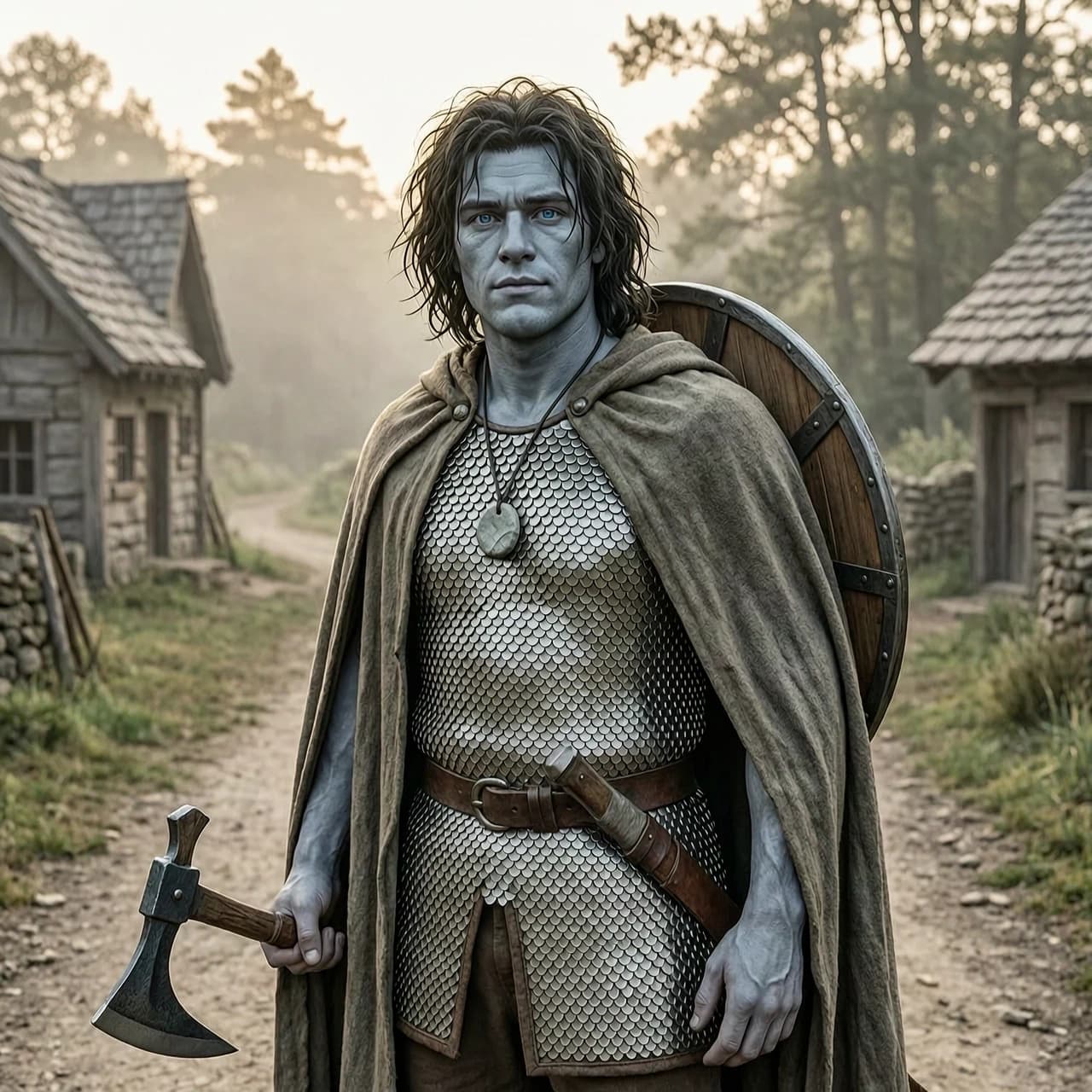 Fantasy character art,  portrait of a young male half-goliath half-human adventurer, about 25 human years old. He has a massive, sturdy, muscular build and broad shoulders, but no exaggerated bodybuilder veins. His skin is smooth stone-grey, with human-like texture, not rocky. His face is naturally good-looking but not studio-perfect: slightly asymmetrical, real, youthful, with a strong jaw and an neutral expression. No deep wrinkles, no heavy scars. His hair is dark, shoulder-length, genuinely messy and unkempt — greasy, windblown, uneven strands, not styled, not Hollywood messy. He has bright, clear blue eyes. He wears practical scale mail armor under a simple, worn traveling cloak; the cloak is slightly open so the scale mail is visible. A round wooden shield with metal reinforcement is strapped to his back only — no shield in his hand. His hands is empty! His one-handed, single-edged battle axe is tucked into his belt. Around his neck is a simple stone amulet. He looks like a strong village lad who has just begun adventuring: sturdy but not yet hardened. Background: village edge or forest road at dawn. Natural, soft daylight, realistic fantasy style, detailed textures, no glamour, no cinematic studio lighting. --ar 3:4