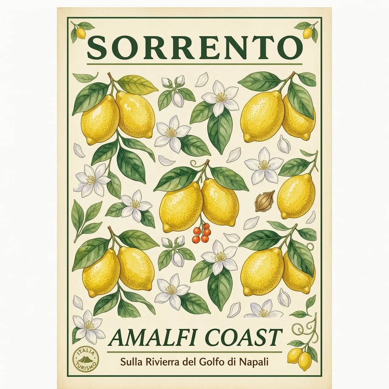 Vintage Italian travel poster, Mediterranean style. Seamless watercolor pattern of ripe yellow lemons, lush green leaves, and delicate white citrus blossoms. Cream-colored paper background. Botanical illustration, soft textures. At the top, bold elegant text reads "SORRENTO". At the bottom, clean elegant text reads "AMALFI COAST". Retro aesthetic, minimalist border --ar 3:4Шаг 2: Увеличение разрешения