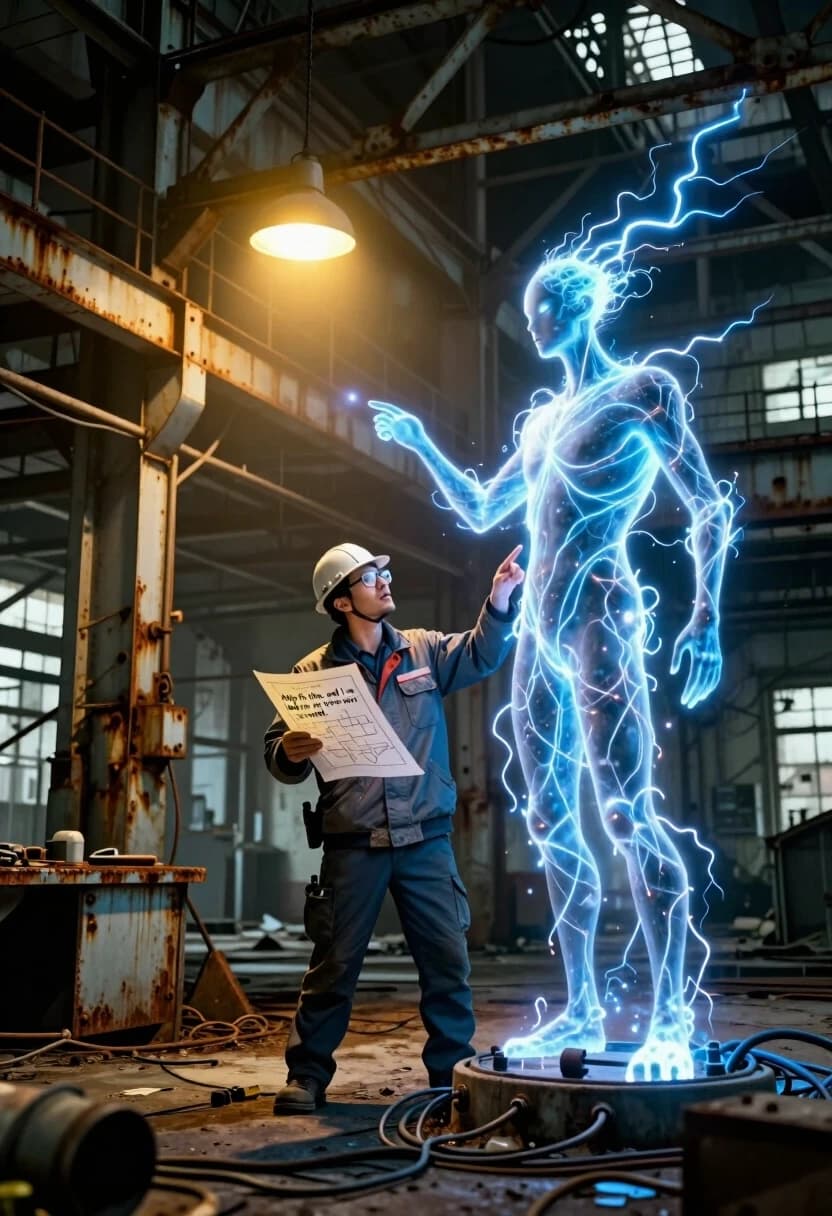 Hyper-realistic cinematic concept art, 35mm lens framing, high-contrast lighting. Огромный промышленный ангар или заброшенная электростанция: массивные металлические балки, ржавые решётки, кабели, тусклый свет ламп. В центре — инженер в защитной куртке и очках, который не пытается «приручить» духа силой, а предлагает ему задачу. Дух здесь — это живая энергия, похожая на бегущие по проводам голубые искры, собирающиеся в человекоподобную форму из электрических разрядов. Инженер держит в руке схему и указывает на повреждённый узел: «Помоги починить, и я помогу тебе удержаться в этом мире». Между ними возникает момент понимания: дух замирает, его контуры становятся чётче, будто он впервые решает не исчезнуть, а остаться и помочь. В кадре много деталей: ржавчина на металле, пыль в луче света, провода, инструменты на верстаке, напряжение в позе инженера. Освещение контрастное: тёплый жёлтый от ламп и холодный голубой от духа. Композиция диагональная, подчёркивающая движение и сотрудничество.
Keywords: industrial spirit, energy elemental, taming through partnership, mechanic engineer, electric glow, high-contrast light, teamwork moment, photoreal textures, abandoned factory atmosphere.