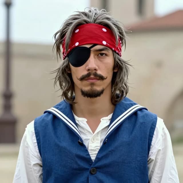 молодого мужчина, моряк, одноглазый, повязка н глазу, с копной пепельных нечёсаных волос до плеч, с красной повязкой на лбу, в синем кафтане поверх белой (и удивительно чистой) холщовой рубахи, носит короткие усы и бороду клинышком