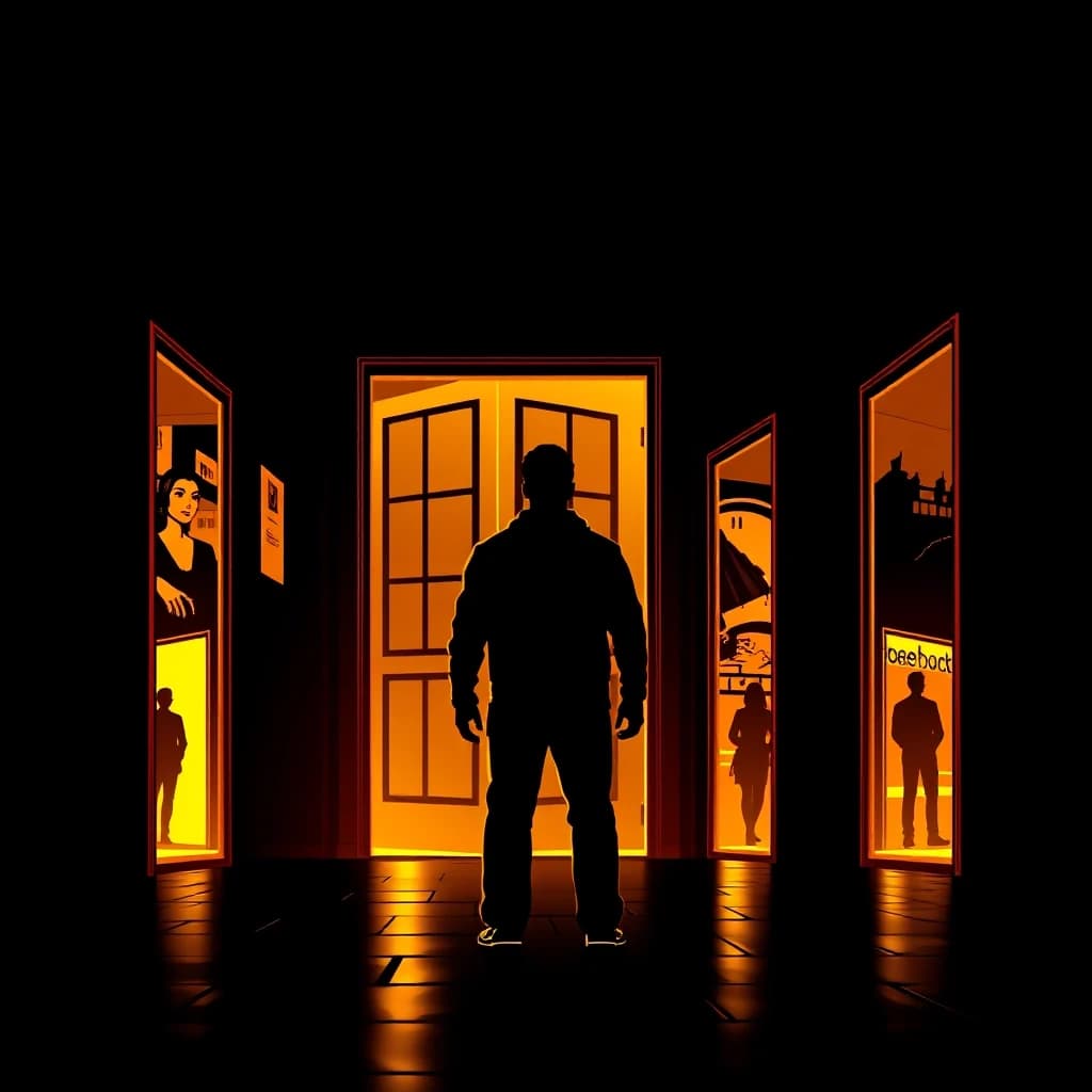 A human silhouette standing between multiple glowing golden doorways in the darkness, each door showing a different scene, comic book style with cinematic dramatic lighting, dark graphic novel aesthetic, bold black outlines, no text, no words, 4k