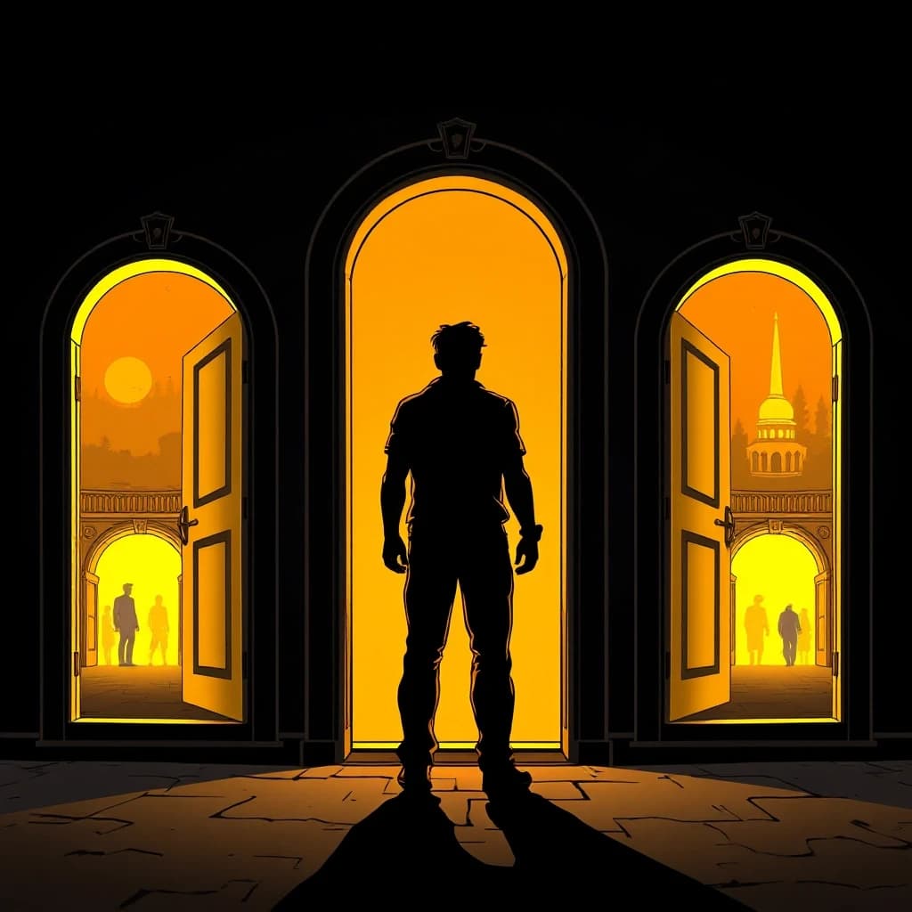 A human silhouette standing between multiple glowing golden doorways in the darkness, each door showing a different scene, comic book style with cinematic dramatic lighting, dark graphic novel aesthetic, bold black outlines, no text, no words, 4k