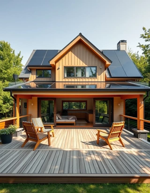 Vertical architectural photography of a stunning two-story family frame house, shot from a low angle. Front view features a large open wooden deck terrace with cozy minimalist outdoor chairs. Sleek black solar panels are perfectly integrated into the modern pitched roof. Bright summer morning sunlight, lush green trees in the background, sharp focus, hyper-realistic, 8k resolution.