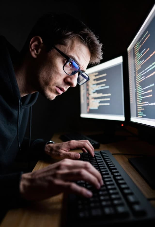 (Динамичный ракурс снизу, хаос и милота)*A dynamic, low-angle "worm's-eye view" shot from the perspective of the keyboard, looking up at the hacker. The hacker is leaning forward, almost touching the camera, with a look of intense concentration and slight desperation. His glasses are slipping down his nose, and his eyes are darting across the screens. The lighting is dramatic: harsh white light from the monitors creates deep, cinematic shadows under his chin and eyes, making the scene feel like a high-stakes thriller. The hacker's fingers are a blur of motion on the keys, capturing the essence of a race against time.