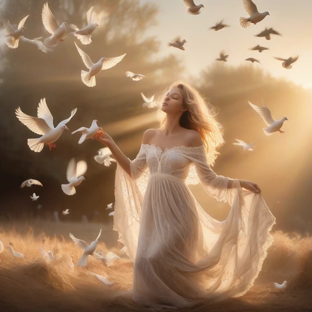 Ethereal panoramic scene of a young woman in an off-the-shoulder lace dress releasing a flock of white doves from a coarse burlap sack, wide-format composition with the woman positioned left and birds arcing to the right; soft, diffuse golden-hour backlight and gentle rim light highlighting her flowing sun-kissed hair and the translucent layers of fabric, delicate breeze animating strands and gown. Painterly, romantic-impressionist style with thick impasto textures and visible palette-knife strokes on a cracked plaster-like background; muted pastel palette of creamy ivory, pale blue, warm beige and luminous gold leaf accents. High-detail focus on feather and fabric texture, subtle motion blurs on wings, delicate dust motes and paint splatters, cinematic depth, shallow depth of field toward the foreground while preserving textured mural-like backdrop, serene uplifting mood, timeless fairytale quality. Intricate lighting contrasts, soft shadows, natural skin tones, hyper-detailed yet painterly finish.