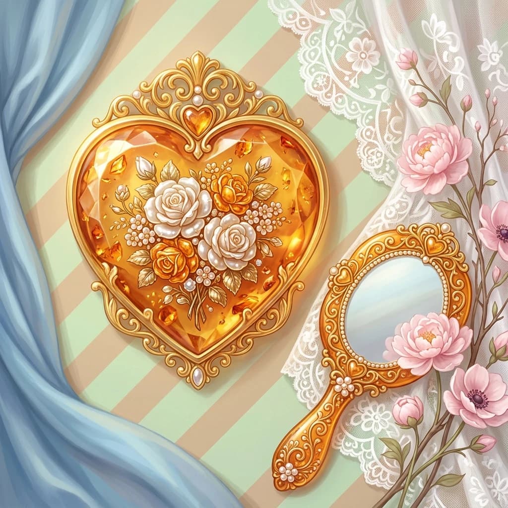 The image shows a bright and romantic illustration made in soft pastel colors. In the center of the composition is a large amber crest with a golden heart—shaped rim.   Its surface is encrusted with a bouquet of roses made of pearls and amber. 
 Image Details:
Background: consists of diagonal stripes of light green on a beige background. White lace fabric is visible on the right, and blue drapery is visible on the left.
Mirror: has an intricate gold frame with swirls and hearts. The mirror handle is decorated with amber patterns and small pearl flowers. 
- Flowers: next to the mirror there are twigs with delicate pink flowers (probably peonies or anemones), which add airiness to the composition. To the right of the comb is an amber-framed mirror with a gold handle, also decorated in the shape of a heart. ((Style):fantasy art, Baroque, art design, romance, close-up, still life, high quality, gradient, grace, Interior light, 4k, intricate details.