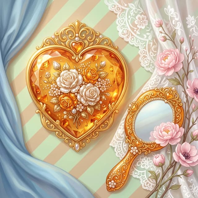 The image shows a bright and romantic illustration made in soft pastel colors. In the center of the composition is a large amber crest with a golden heart—shaped rim.   Its surface is encrusted with a bouquet of roses made of pearls and amber. 
 Image Details:
Background: consists of diagonal stripes of light green on a beige background. White lace fabric is visible on the right, and blue drapery is visible on the left.
Mirror: has an intricate gold frame with swirls and hearts. The mirror handle is decorated with amber patterns and small pearl flowers. 
- Flowers: next to the mirror there are twigs with delicate pink flowers (probably peonies or anemones), which add airiness to the composition. To the right of the comb is an amber-framed mirror with a gold handle, also decorated in the shape of a heart. ((Style):fantasy art, Baroque, art design, romance, close-up, still life, high quality, gradient, grace, Interior light, 4k, intricate details.