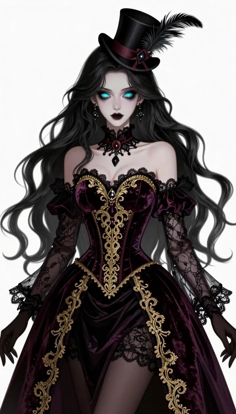 Visual novel character sprite style, elegant gothic fortune teller woman, "The Freak Circus" aesthetic, long flowing dark hair, mesmerizing glowing eyes, wearing an ornate dark velvet corset dress with gold embroidery, sheer lace sleeves, and a miniature top hat with feathers. Mysterious and eerie vibe, sharp features, dark fantasy illustration, smooth shading, professional character design presentation.