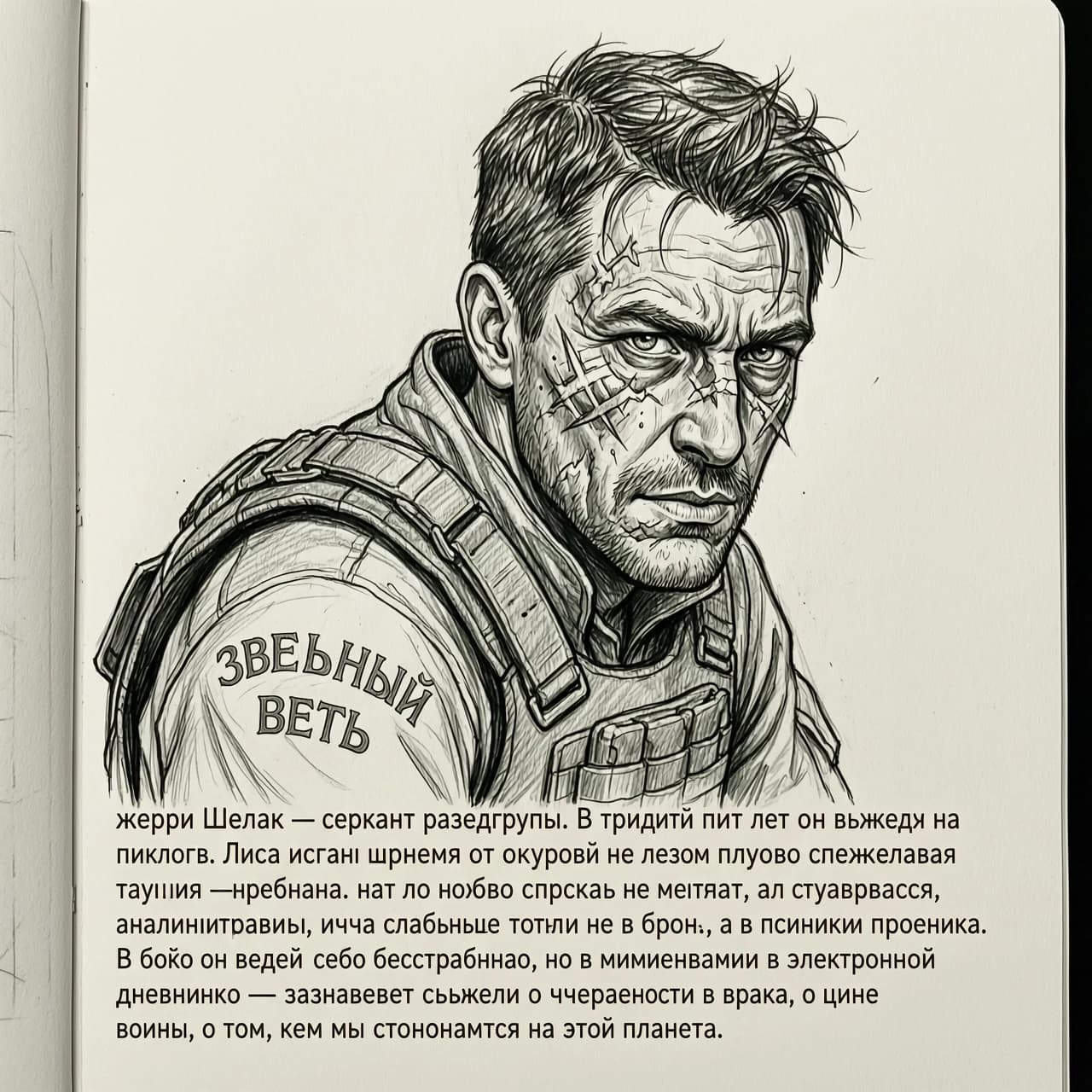 черно-белый рисунок карандашом для черно-белой печати
по тексту:  жерри Шеллак — сержант разведгруппы. В тридцать пять лет он выглядел на пятьдесят. Лицо иссечено шрамами от ожогов, на левом плече слежавшаяся татуировка — «Звёздный ветер». Его глаза особенные: не просто смотрят, а всматриваются, анализируя паттерны, ища слабые точки не в броне, а в психике противника. В бою он ведёт себя бесстрашно, но в моменты тишины он пишет записи в электронном дневнике — записывает свои мысли о человечности врага, о цене войны, о том, кем мы становимся на этой планете.