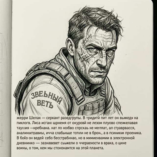 черно-белый рисунок карандашом для черно-белой печати
по тексту:  жерри Шеллак — сержант разведгруппы. В тридцать пять лет он выглядел на пятьдесят. Лицо иссечено шрамами от ожогов, на левом плече слежавшаяся татуировка — «Звёздный ветер». Его глаза особенные: не просто смотрят, а всматриваются, анализируя паттерны, ища слабые точки не в броне, а в психике противника. В бою он ведёт себя бесстрашно, но в моменты тишины он пишет записи в электронном дневнике — записывает свои мысли о человечности врага, о цене войны, о том, кем мы становимся на этой планете.