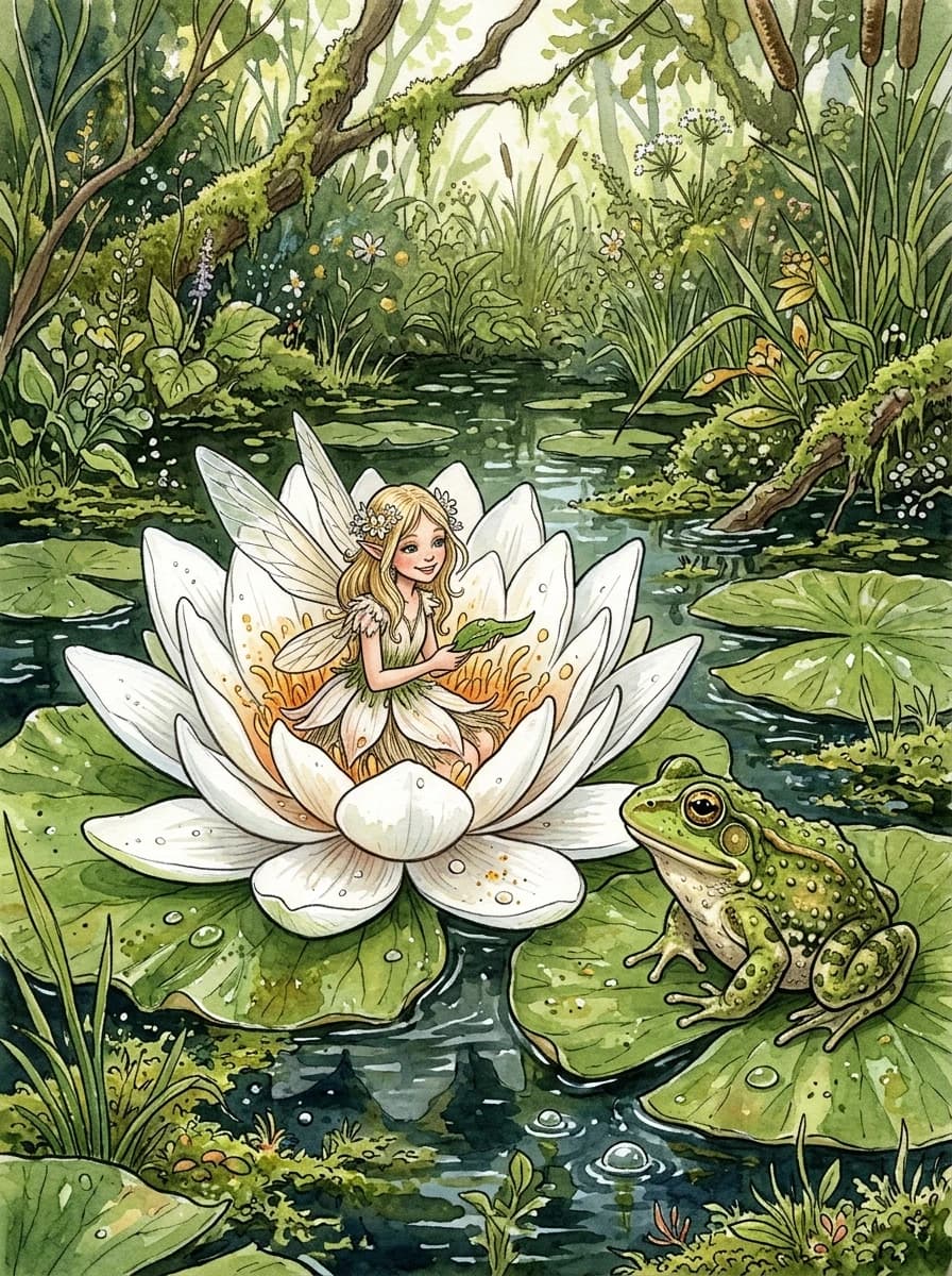 A real masterpiece. How would artificial intelligence depict:((Thumbelina in a lily pad flower in a swamp, and next to it, on another lily pad, sits a frog)). Close-up. High resolution. High quality. Increased attention to small details. Watercolor painting style, fabulous, cartoon. Increased attention to the smallest details and texture of white water lilies. By Russ Mills.