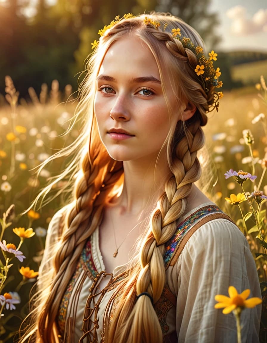 A realistic, high-resolution photo of a fair-skinned maiden with extremely long, shiny golden hair braided with delicate wildflowers. Bright, warm sunlight hits her hair, making every strand shine like pure gold. Natural face texture, soft focus background of a blooming summer meadow, sharp detail.
