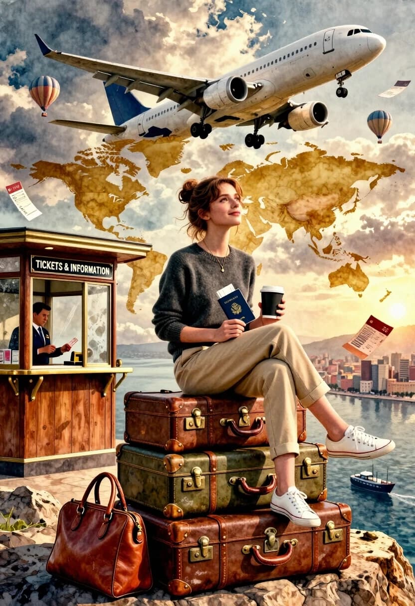 Photorealistic cinematic still, 8K resolution, hyper-realistic style with subtle mixed-media overlay: watercolor washes at the edges and sky, while all figures, textures, and foreground objects retain hard photographic detail and subsurface scattering.

Composition: high-angle wide shot from a rocky outcrop overlooking a coastal city at golden hour. Center: young woman seated atop a stack of vintage leather suitcases, relaxed pose, legs crossed, gazing upward with a soft smile. Hair in a casual messy bun with loose tendrils framing her face. She wears a dark gray crew-neck sweater, beige tapered trousers with rolled cuffs, and white low-top sneakers with textured laces. In her right hand: a blue passport with embossed gold emblem; in her left: a black disposable coffee cup with a white lid. A delicate gold necklace with a tiny pendant rests at her collarbone.

Stack of suitcases beneath her: three layers of aged brown and olive-toned leather trunks with brass corner protectors, metal clasps, and worn leather straps; visible patina, scratches, and faded travel stickers. On top of the uppermost trunk: a rich cognac-brown leather handbag with rolled handles and brass hardware, slightly tilted to show depth.

Background: dramatic sky with layered clouds illuminated by low sun; warm golden light casts long shadows and creates lens flare near the horizon. Dominating the upper frame: a large commercial airliner in mid-descent, landing gear down, detailed engine nacelles, wing flaps, and rivet patterns visible. Scattered across the sky: several hot air balloons with striped canopies in pastel and bold colors.

Behind the woman: translucent, stylized world map overlay in warm gold tones, continents subtly textured to resemble aged parchment; the map appears to float in the atmosphere, partially blending with the clouds. Floating around the frame: scattered boarding passes and tickets, edges curled, some mid-motion as if caught in a gentle breeze.

Left midground: integrated into the rocky cliff face, a small vintage ticket office window with a polished oak frame, brass fittings, and a small transom. The lower sash is half-open; inside, a uniformed cashier is partially visible, holding a ticket and a brass puncher, mid-gesture. Above the window: a small black enamel sign reading “TICKETS & INFORMATION” in white uppercase letters. The glass pane shows faint reflections of the sky and subtle condensation patterns. To the right of the window: a small brass plaque with the station name “SEA VIEW TRAVEL HUB” and the year “1935”.

Cityscape below: coastal town with pastel-colored buildings, terracotta roofs, and a winding harbor; distant hills fade into soft haze. Rocky foreground: rugged boulders with weathered texture, patches of dry grass, and small pebbles.

Lighting: warm golden hour sunlight from the lower right, casting long, soft shadows; highlights glint on metal clasps, glass, and the airplane’s fuselage. Cooler fill light from the sky creates balanced contrast; subtle lens flare near the horizon.

Atmosphere: dreamy, adventurous, and nostalgic, evoking the excitement of imminent travel. The composition balances the grounded figure with the expansive sky and distant landmarks, while the ticket window grounds the scene in a specific moment—the final preparations before departure.

Focus: sharp on the woman, passport, coffee cup, and ticket window; gentle depth-of-field blur on the airplane, balloons, and distant city. Realistic material textures: matte leather, brushed brass, glossy plastic cup lid, weathered stone, and translucent parchment-style map.

Camera settings: 35mm equivalent lens, f/2.8, ISO 400, slight motion blur on the floating tickets and balloons to suggest air movement, shallow depth of field to emphasize narrative elements.

Style: photorealism with a curated mixed-media aesthetic—every object grounded in historical and cultural accuracy for a classic travel theme, rendered with maximum texture, lighting realism, and emotional warmth.