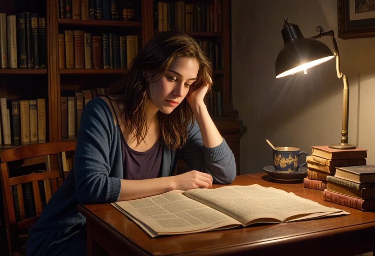 Young woman with shoulder-length brunette hair and fair skin sitting alone in dark cozy study late at night, surrounded by old books, cold tea cup on desk, tired and contemplative expression, soft lamp light casting warm pool on table, deep shadows in corners, atmosphere of exhaustion and inner emptiness, oil painting style, thick visible brushstrokes, heavy impasto technique, textured canvas, emotional depth inspired by 19th century Russian realist painters: Ivan Kramskoi psychological portraits, Isaac Levitan night mood, muted earthy palette: warm amber light, deep blue-grey shadows, dusty brown books, cinematic volumetric lighting, soft focus on face to avoid uncanny valley, shallow depth of field, quiet melancholic mood, no text, no distorted limbs --ar 16:9 --stylize 350