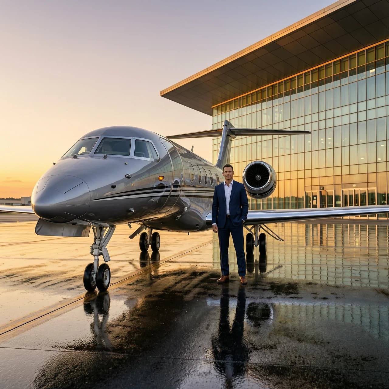 Cinematic hyper-realistic photography of a prestigious private aviation scene. A sleek, modern luxury private jet stands on a polished wet tarmac of a high-end airport terminal during the golden hour. In the foreground, a sophisticated person representing a high-net-worth individual or a corporate executive stands confidently next to the aircraft, embodying the concept of legal ownership. The lighting is dramatic with warm sunset hues reflecting off the polished fuselage and the ground. Composition is a wide-angle shot with a low perspective to emphasize the grandeur and scale of the aircraft. Deep depth of field, sharp details of the jet's metallic texture and the terminal's glass architecture in the background. Mood is successful, authoritative, and elite. Shot on 35mm lens, 8k resolution, highly detailed textures, commercial aviation photography style.