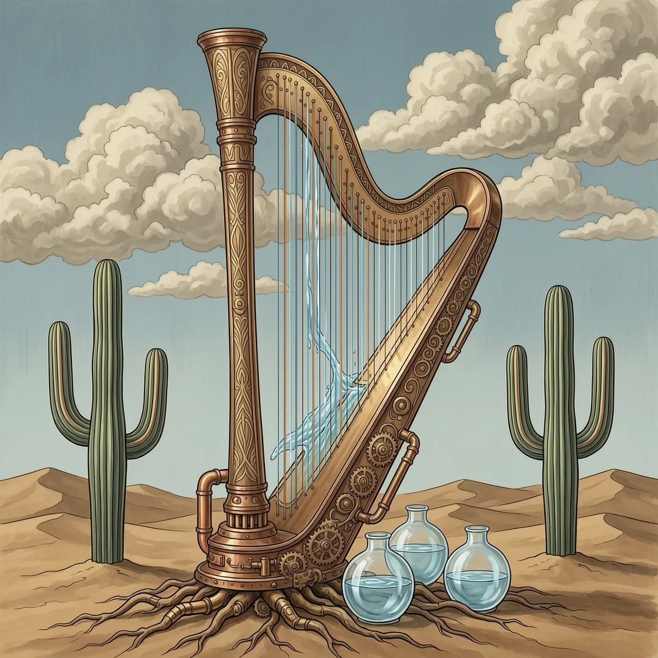 The image depicts a surreal and artistic scene set in a desert landscape under a cloudy sky. The central element is a large, ornate harp that appears to be metallic and embellished with intricate designs. Instead of traditional strings, the harp has what looks like vertical streams or strands of water cascading down. At the base of the harp, there are several glass orbs or containers that seem to be partially filled with water. The base of the harp blends into what appears to be a root-like structure, anchoring it to the desert floor.
On either side of the harp are stylized cacti that also seem to have a metallic or artificial construction, continuing the theme of the surreal and inorganic within the natural setting.
The sky is filled with puffy, light-colored clouds, providing a soft contrast to the warm tones of the desert. The overall color palette is muted, with earthy browns, tans, and blues dominating the scene. The style of the image is reminiscent of a surreal painting, potentially created digitally, with attention to detail and a dreamlike quality.
Styles: Surrealism, biomechanics, art nouveau.  You can add steampunk elements to the construction of the harp itself - vintage mechanisms, copper pipes, complex gears hidden in its metal base.
Artists: Salvador Dali, Jaime Heinrich, Alphonse Mucha, Frank Frazetta, Edward Cory.