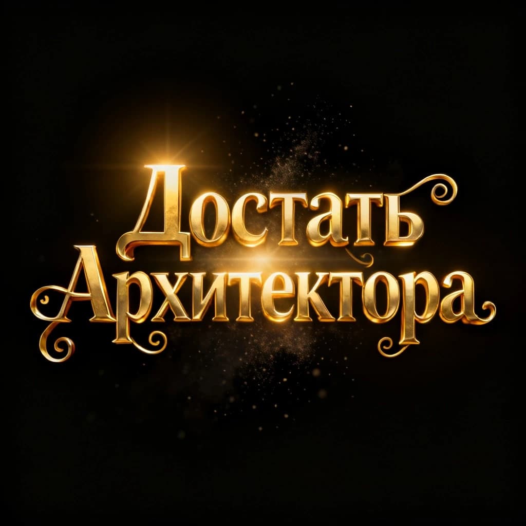 Cinematic glowing golden title text in Russian: "Достать Архитектора" with curlicues, luxury metallic gold figured letters, soft golden glow and light bloom around the text, volumetric 3D typography, high contrast lighting, black background, subtle particles and light dust in the air, game splash screen title style, epic yet modern, ultra-detailed, high quality, sharp focus, no people, no characters, only text