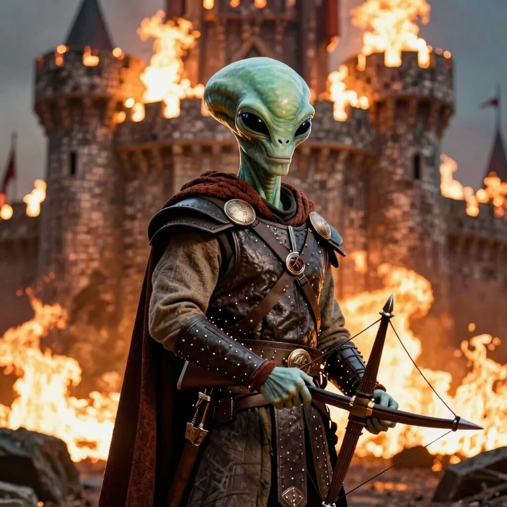 ALF Gordon Shumway (пришелец из сериала) в образе древнего воина с арбалетом на фоне горящего замка