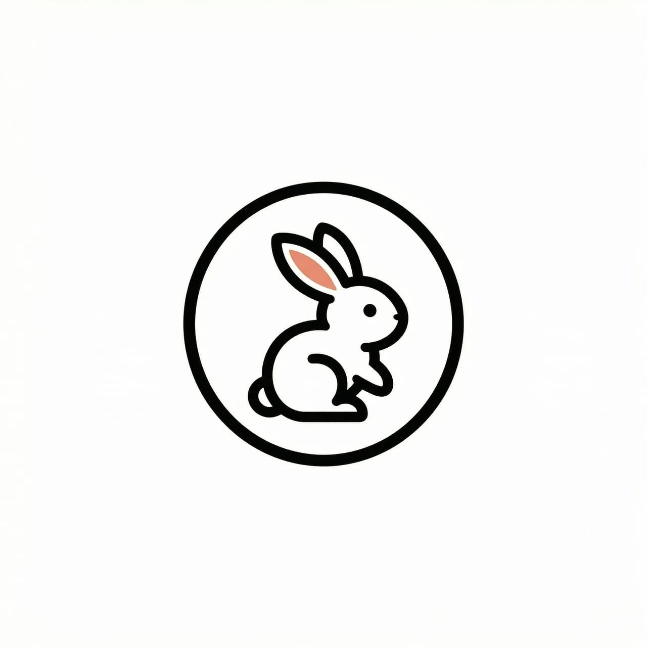 Create a polished minimalist avatar/logo for a Pinterest and Boosty account focused on beautiful printable coloring books. Square 1:1 composition designed specifically to remain clear and recognizable at very small profile-icon sizes.

Pure white background. In the center, create a simple original circular emblem made from one thick, smooth black line, with a charming stylized rabbit subtly integrated into the circle. Add exactly one small tasteful colored accent, such as a tiny muted coral or warm yellow detail.

Bold black outline, high contrast, clean vector-like geometry, balanced negative space, elegant and memorable, cute but not childish, premium boutique aesthetic.

No text, no letters, no words, no gradients, no shadows, no extra objects, no thin details, no clutter.

The circle and rabbit silhouette must remain instantly recognizable when reduced to 32–64 px. Crisp edges, professional logo design, visually distinctive, timeless and suitable for both Pinterest and Boosty profile avatars.