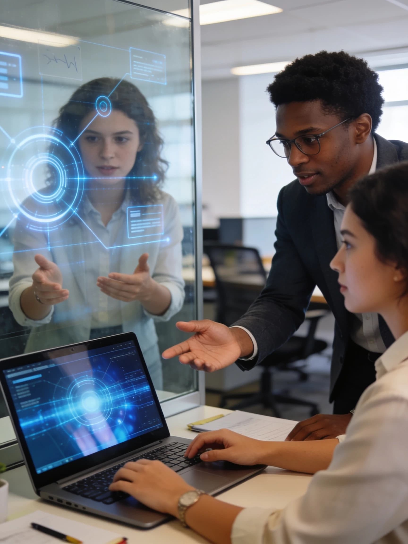Photorealistic commercial stock photo of a diverse multicultural team of young professionals collaborating on an artificial intelligence project in a modern office, discussing ideas around a laptop and glass board, subtle blue screen reflections, realistic office environment, natural gestures, authentic teamwork, candid documentary style, soft daylight, premium business photography, no futuristic holograms, no logos, no readable text, no watermark --ar 16:9 --style raw --s 50 --v 6.1