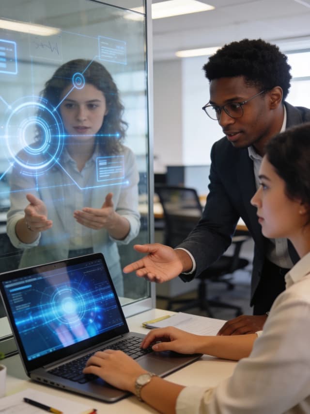 Photorealistic commercial stock photo of a diverse multicultural team of young professionals collaborating on an artificial intelligence project in a modern office, discussing ideas around a laptop and glass board, subtle blue screen reflections, realistic office environment, natural gestures, authentic teamwork, candid documentary style, soft daylight, premium business photography, no futuristic holograms, no logos, no readable text, no watermark --ar 16:9 --style raw --s 50 --v 6.1