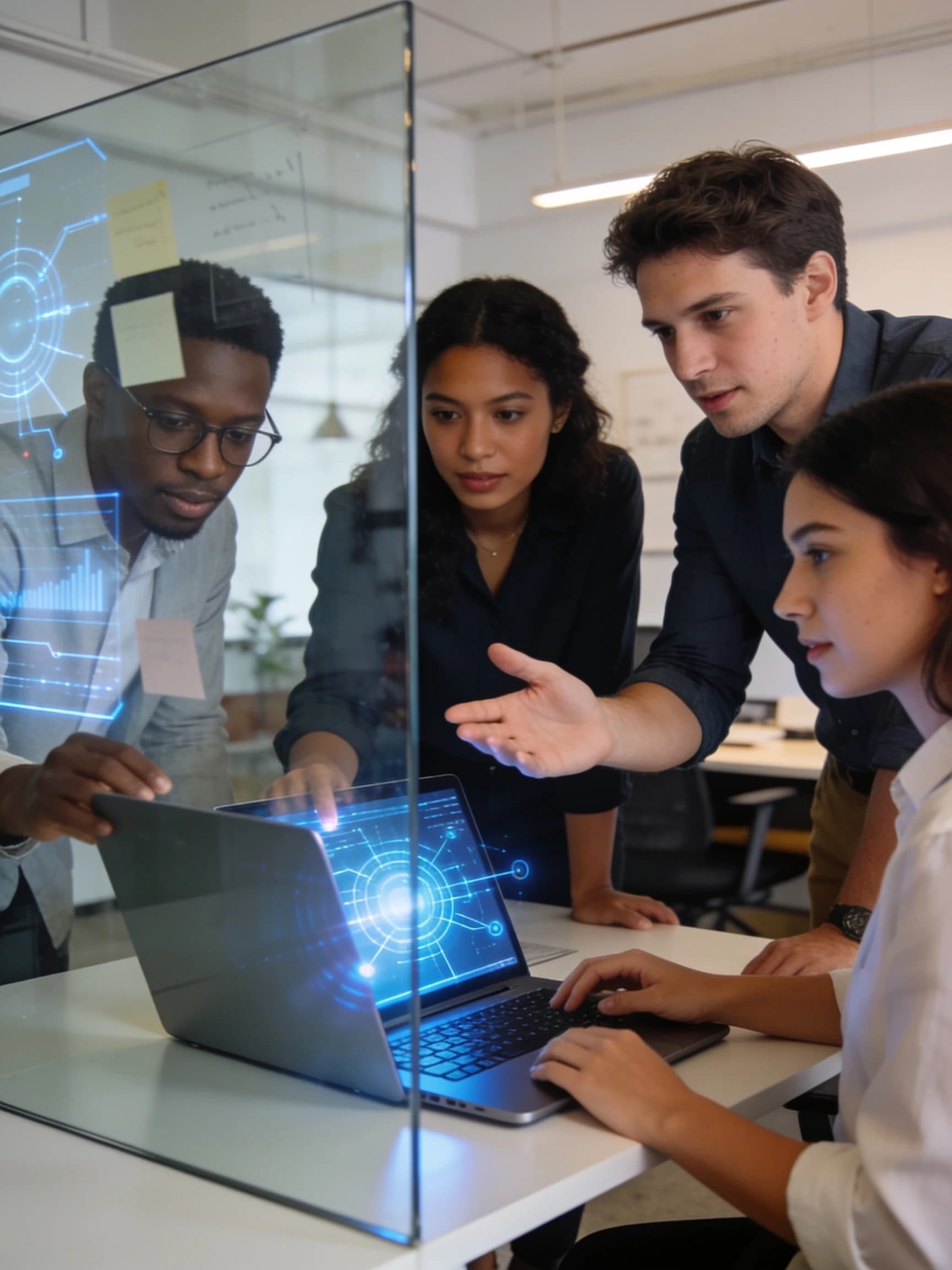 Photorealistic commercial stock photo of a diverse multicultural team of young professionals collaborating on an artificial intelligence project in a modern office, discussing ideas around a laptop and glass board, subtle blue screen reflections, realistic office environment, natural gestures, authentic teamwork, candid documentary style, soft daylight, premium business photography, no futuristic holograms, no logos, no readable text, no watermark --ar 16:9 --style raw --s 50 --v 6.1