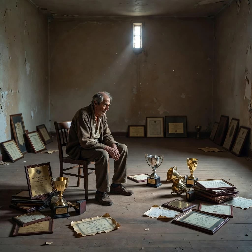 An aspiring man has become an old man who contemplates his life in an old empty room full of awards